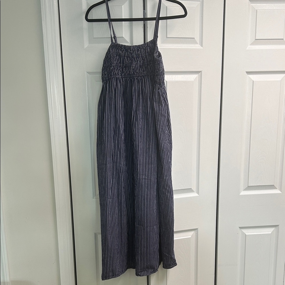 Striped Smocked Maxi Dress in Navy and White- A